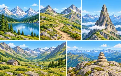 Berge-Ausmalbilder: Bergsee, Felsspitze und Berghütte