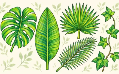 Blätter-Ausmalbilder: Monstera, Banane und Farn