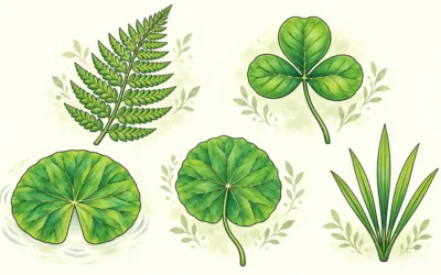 Blätter ausmalen: Farn, Kleeblatt und Seerosenblätter