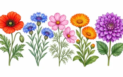 Blumen-Ausmalbilder: Mohn, Kornblumen und Dahlie