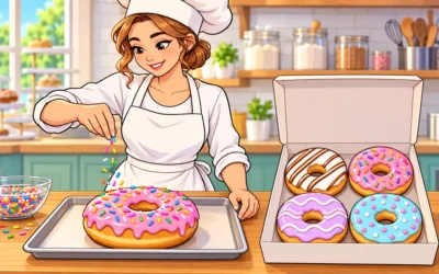Donuts ausmalen: Streusel, Schachtel und Bäckerin