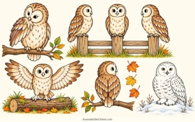 Eulen-Ausmalbilder: Gefiederpflege, Herbst und Schnee