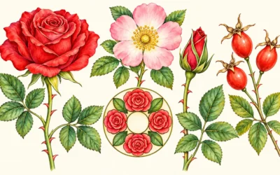 Rosen-Ausmalbilder mit Blüten, Knospe und Hagebutten