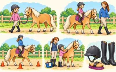 Reiten-Ausmalbilder mit Ponys und Reitausrüstung