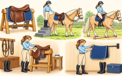 Reiten-Ausmalbilder mit Sattel, Bodenstange und Pflege