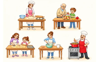 Kochen-und-Backen-Ausmalbilder: Teig, Obst und Suppe