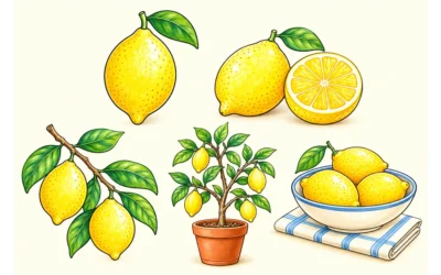 Zitronen-Ausmalbilder: Frucht, Zweig und Bäumchen