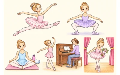 Ballett-Ausmalbilder: Sprung, Klavier und Blumen