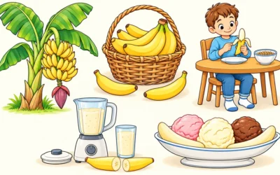 Bananen ausmalen: Pflanze, Obstkorb und Bananeneis