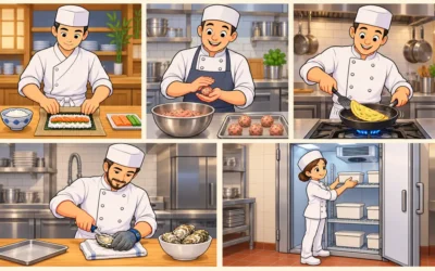 Koch-Ausmalbilder: Sushi, Omelett und Küchenarbeit