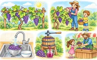 Trauben ausmalen: Weinrebe, Ernte und Traubensaft