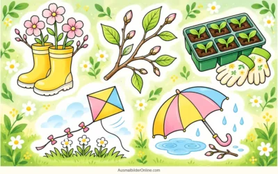 Frühling ausmalen: Blumenstiefel, Keimlinge und Regenschirm