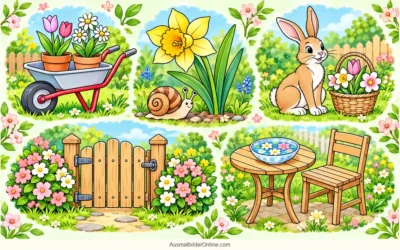 Frühlingsgarten ausmalen: Schubkarre, Schnecke und Hase