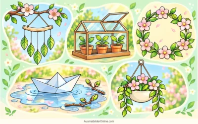 Frühling ausmalen: Blättermobile, Gewächshaus und Papierboot