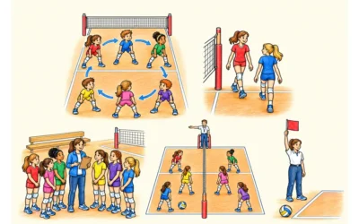 Volleyball-Ausmalbilder: Mannschaft, Trainerin und Spielfeld