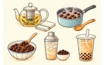 Bubble-Tea-Ausmalbilder: Kanne, Perlen und Trinkbecher