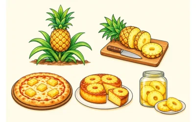 Ananas-Ausmalbilder: Pflanze, Scheiben und Speisen