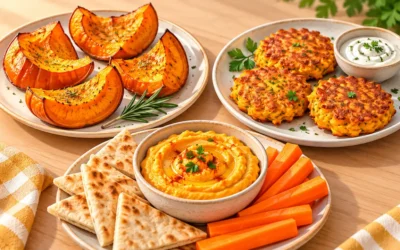 Kürbisgerichte ausmalen: Ofenkürbis, Puffer und Hummus