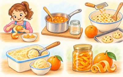 Orangen ausmalen: Schälen, Backen und Küchenszenen