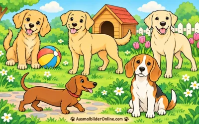 Hunde und Welpen online ausmalen – Garten und Spaziergang