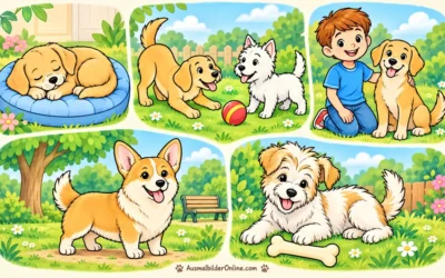Hunde beim Spielen und Ausruhen online ausmalen