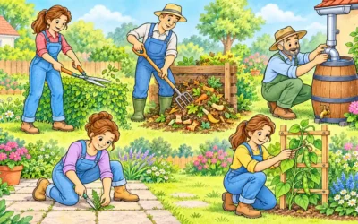 Gartenarbeit: Hecke, Kompost und Regentonne ausmalen