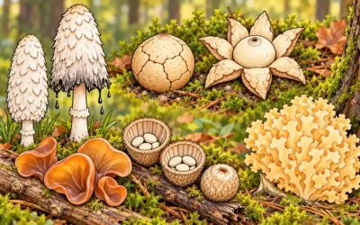 Pilze ausmalen: Wetterstern, Tintling und besondere Formen