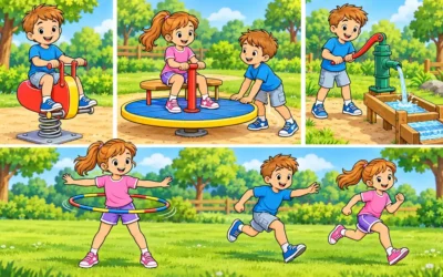 Spielplatz ausmalen: Wippen, Wasser und Bewegung