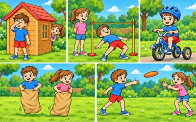 Spielplatz ausmalen: Verstecken, Sackhüpfen und Frisbee