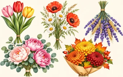 Blumenstrauß-Ausmalbilder: Tulpen, Pfingstrosen und Herbstblüten