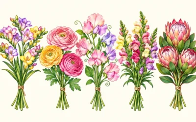 Blumenstrauß-Ausmalbilder: Freesien, Ranunkeln und Protea