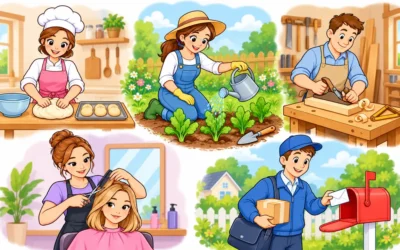 Berufe ausmalen: Bäckerei, Garten und Handwerk