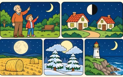 Mond-Ausmalbilder: Garten, Dorf und Leuchtturm