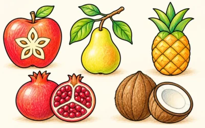 Obst ausmalen: Apfel, Birne, Ananas und Kokosnuss