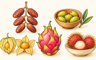Früchte ausmalen: Datteln, Oliven, Physalis und Rambutan