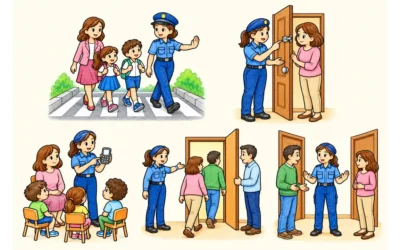 Polizei-Ausmalbilder: Schulweg und Gespräche im Alltag