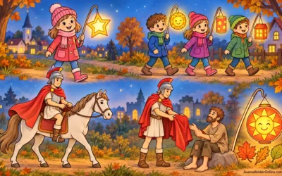 Sankt Martin und Laternen: Umzug, Pferd und Mantelteilen ausmalen