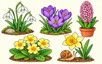 Frühlingsblumen mit Schneeglöckchen und Krokussen