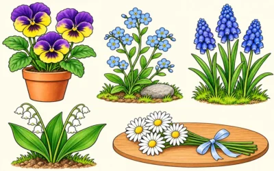 Frühlingsblumen mit Stiefmütterchen und Maiglöckchen