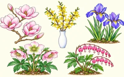 Frühlingsblumen mit Magnolie, Forsythie und Iris