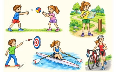 Sport-Ausmalbilder: Ball, Kompass, Rudern und Fahrrad