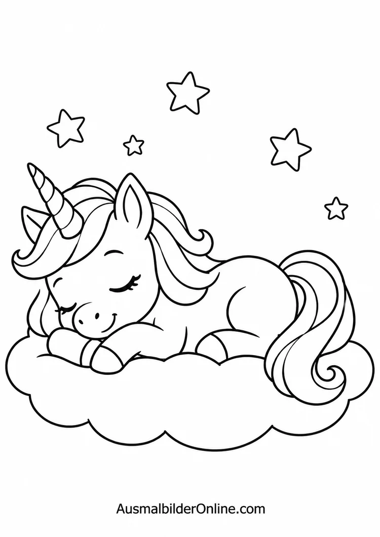 Schlafendes Einhorn auf einer Wolke zum Online-Ausmalen